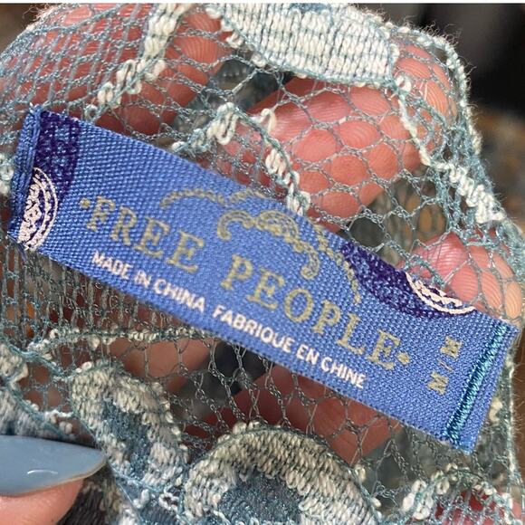 Free People Fit & Flare Mini Dress Floral Lace Beaded V Neck Sheer Teal Medium - Picture 8 of 8